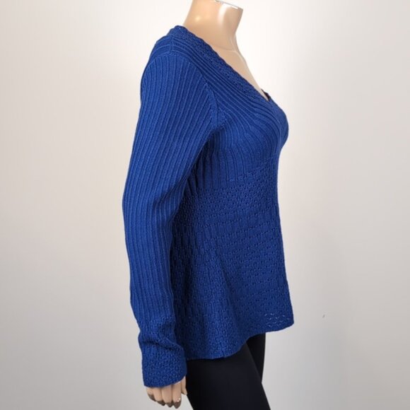 Vintage Y2K Calvin Klein Jeans Open Knit Sweater Vneck Blue Flare A-Line Top - Picture 6 of 12